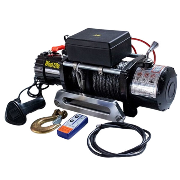 power winch with cast copper rotor motor, 12v 24v offroad electric recovery winch with wired handle & wireless remote control, compact low noise vehicle towing winch