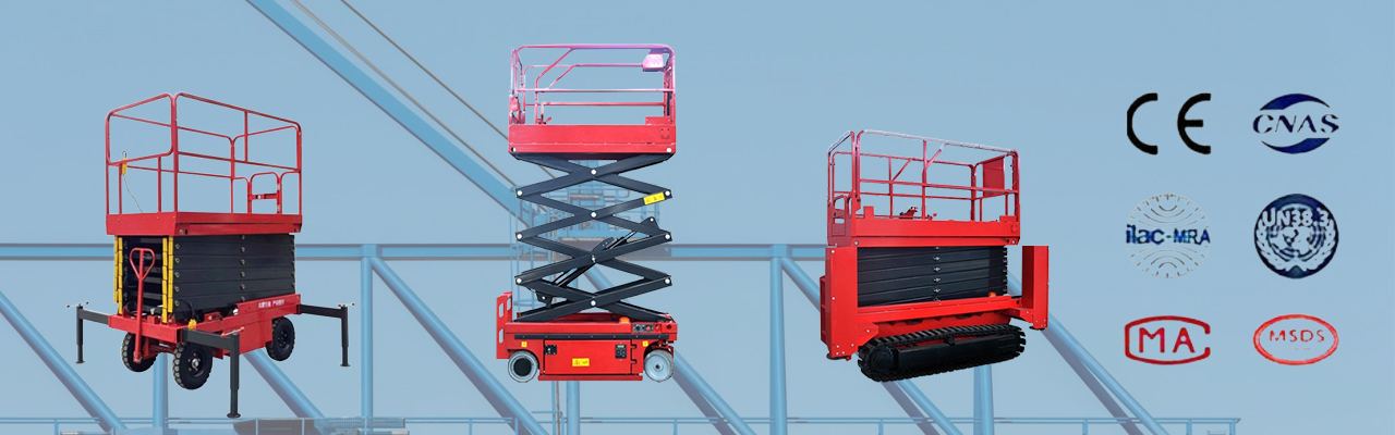 Self Propelled Scissor Lift Working in Warehouse and Factory Maintenance