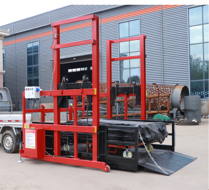 Mobile loading and unloading platform lift working in warehouse logistics area