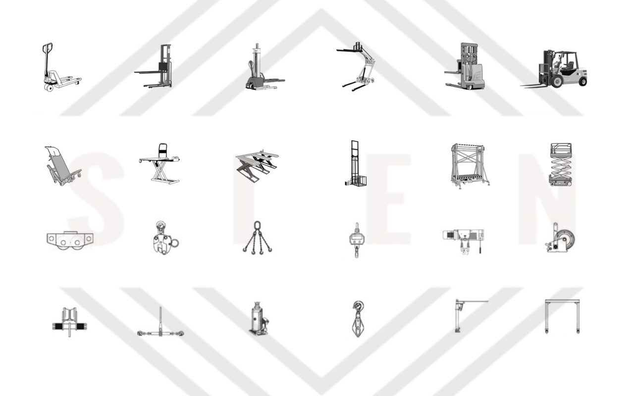 Material handling equipment poster showing warehouse lifting, transporting and stacking equipment for efficient industrial material flow